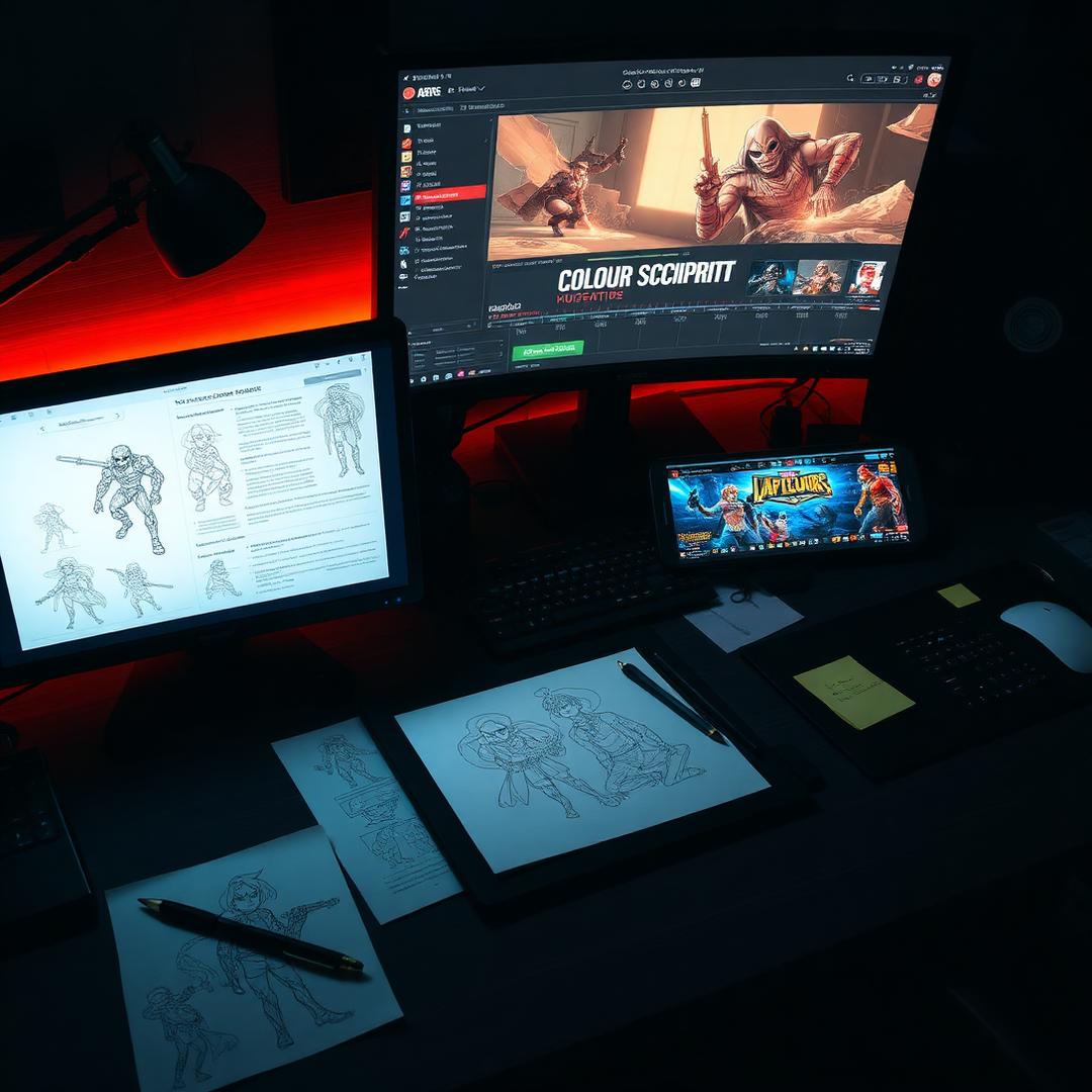 PAW GAMING studio desk with character sketches and animation timelines